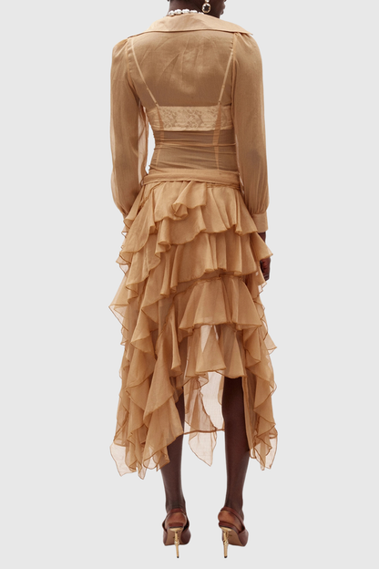 Garnet Chiffon Shirt & Ruffle Midi Skirt Set
