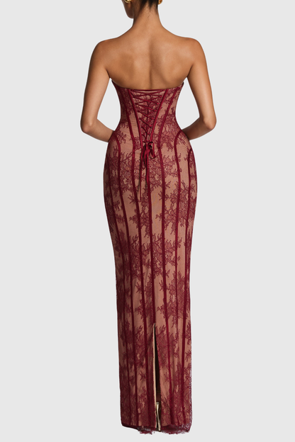 Gasira Lace Strapless Corset Maxi Dress - Wine