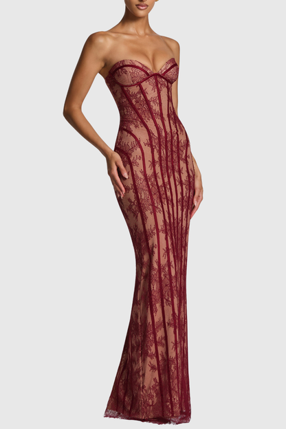 Gasira Lace Strapless Corset Maxi Dress - Wine