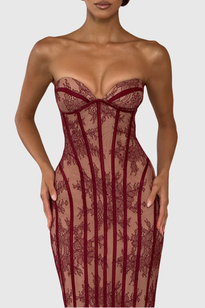 Gasira Lace Strapless Corset Maxi Dress - Wine