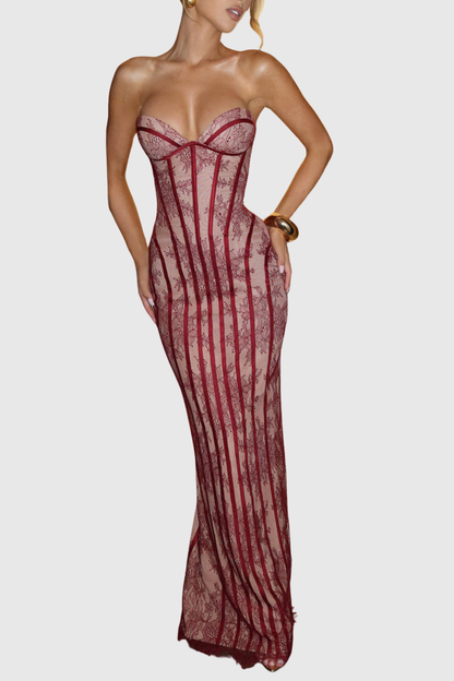 Gasira Lace Strapless Corset Maxi Dress - Wine
