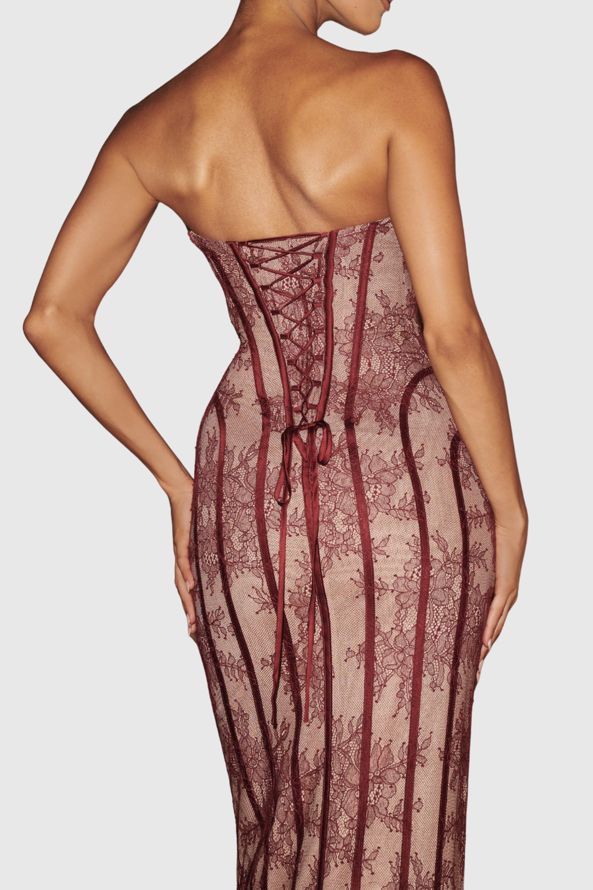 Gasira Lace Strapless Corset Maxi Dress - Wine