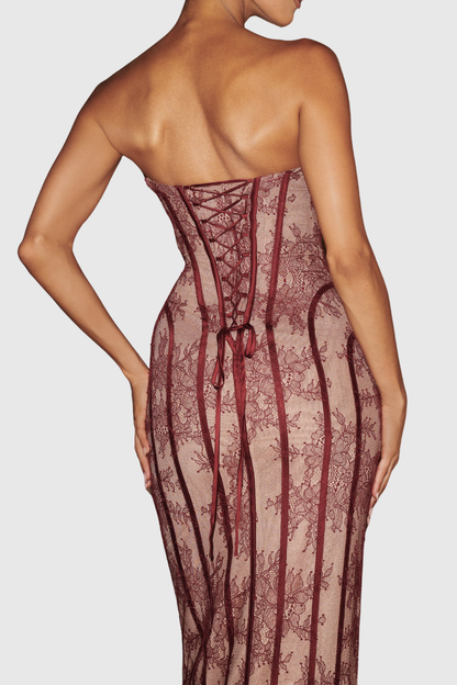 Gasira Lace Strapless Corset Maxi Dress - Wine