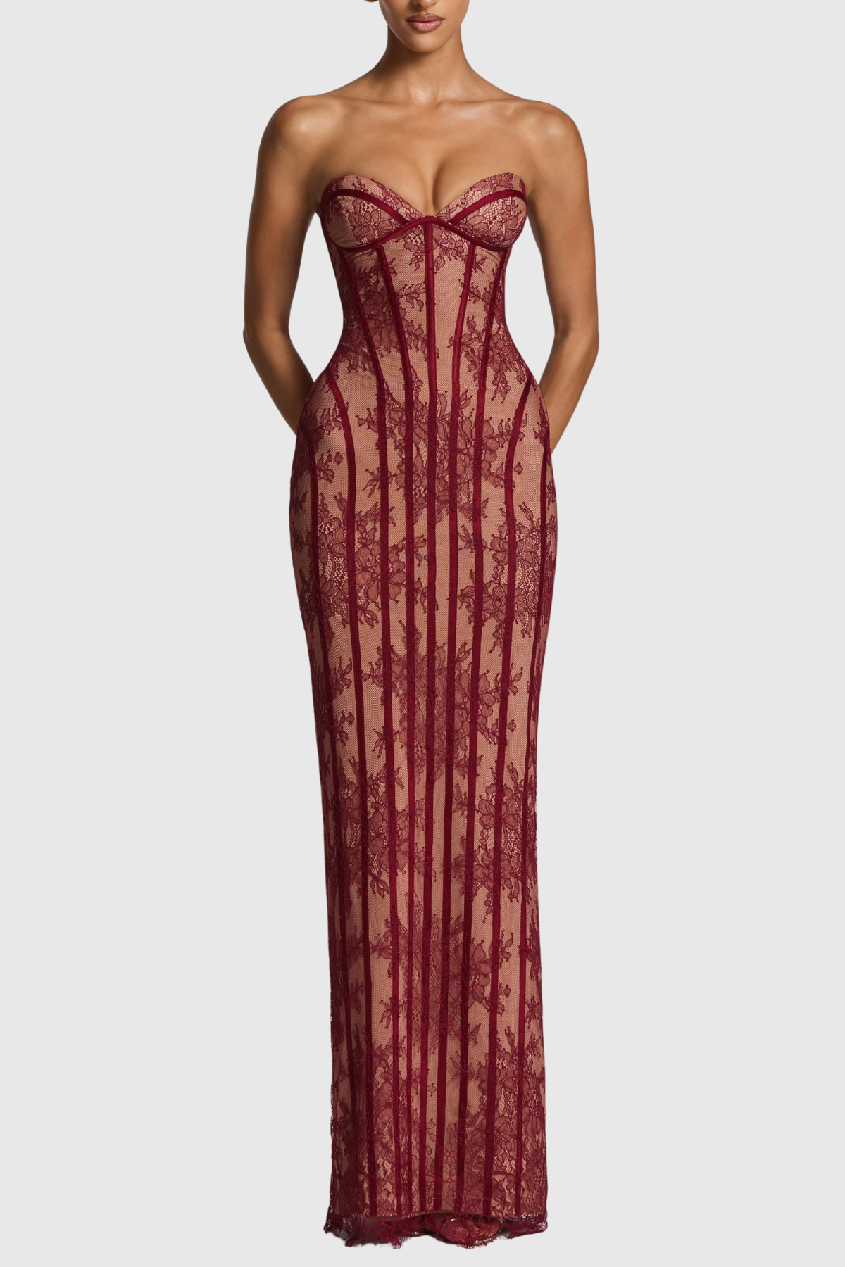 Gasira Lace Strapless Corset Maxi Dress - Wine