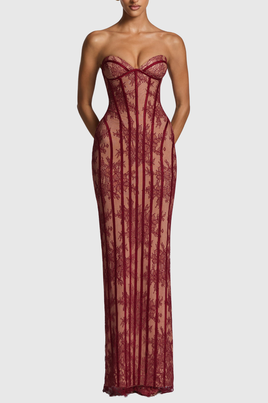Gasira Lace Strapless Corset Maxi Dress - Wine