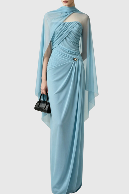 Gatlin Asymmetric Cape Ruched Maxi Dress - Blue