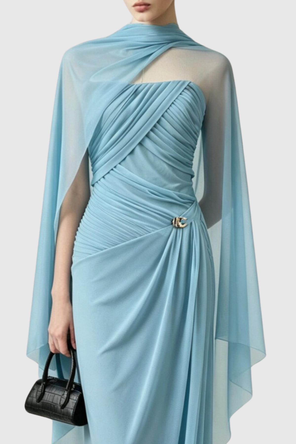 Gatlin Asymmetric Cape Ruched Maxi Dress - Blue