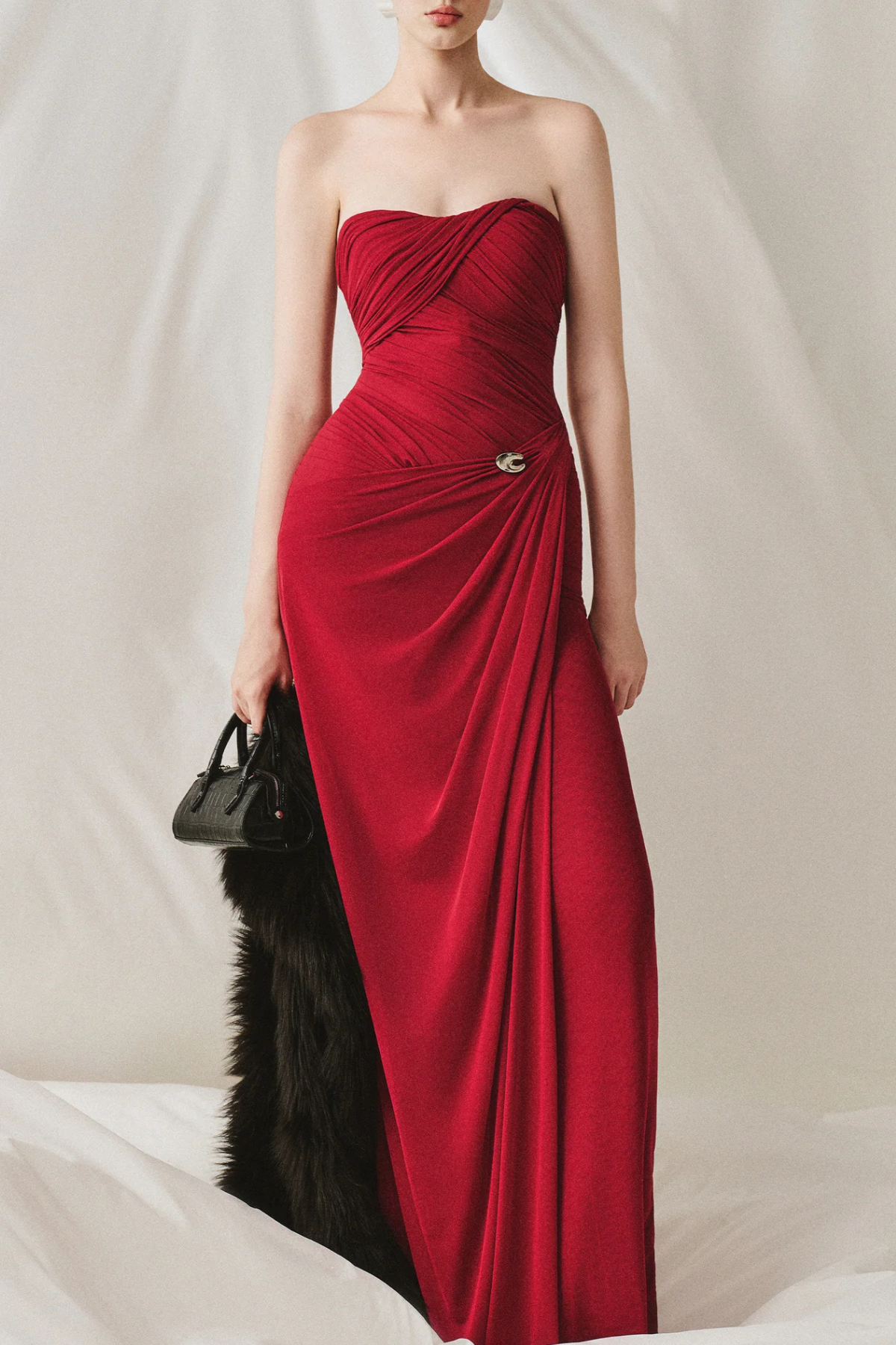 Gatlin Asymmetric Cape Ruched Maxi Dress - Red
