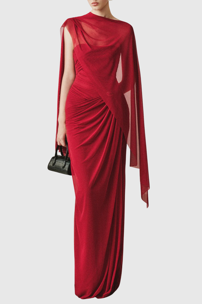 Gatlin Asymmetric Cape Ruched Maxi Dress - Red