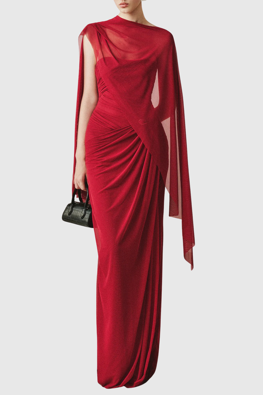 Gatlin Asymmetric Cape Ruched Maxi Dress - Red