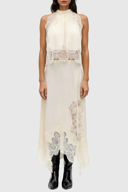 Gavia Sleeveless Lace Top & Midi Skirt Set - Beige