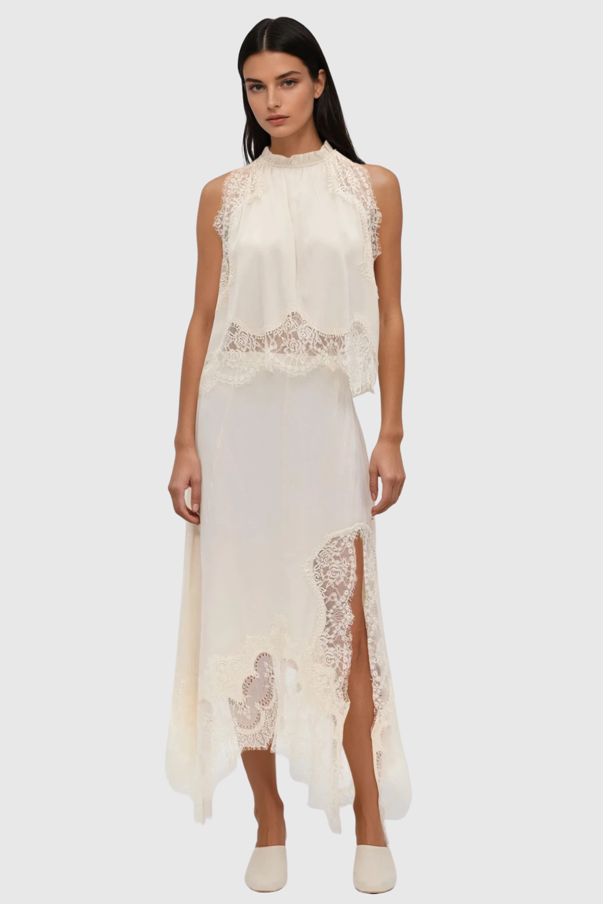Gavia Sleeveless Lace Top & Midi Skirt Set - Beige