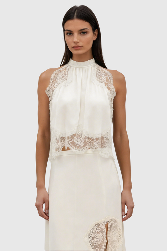 Gavia Sleeveless Lace Top & Midi Skirt Set - Beige