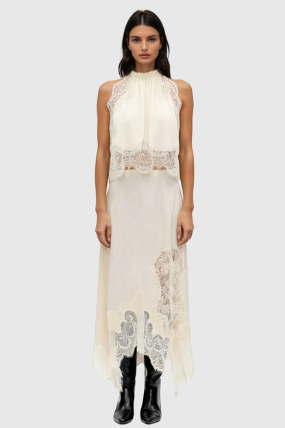 Gavia Sleeveless Lace Top & Midi Skirt Set - Beige