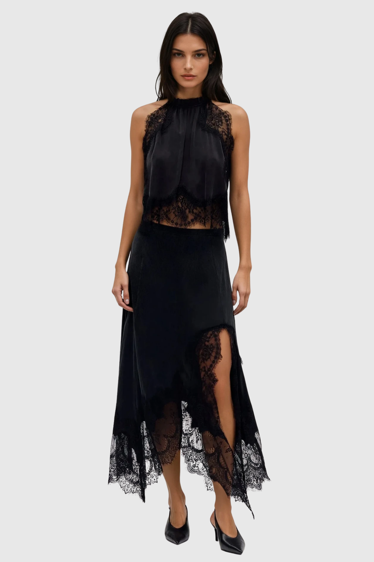 Gavia Sleeveless Lace Top & Midi Skirt Set - Black