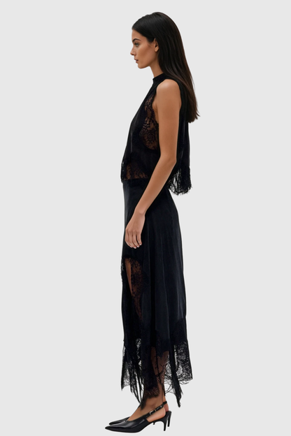 Gavia Sleeveless Lace Top & Midi Skirt Set - Black