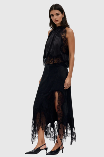 Gavia Sleeveless Lace Top & Midi Skirt Set - Black