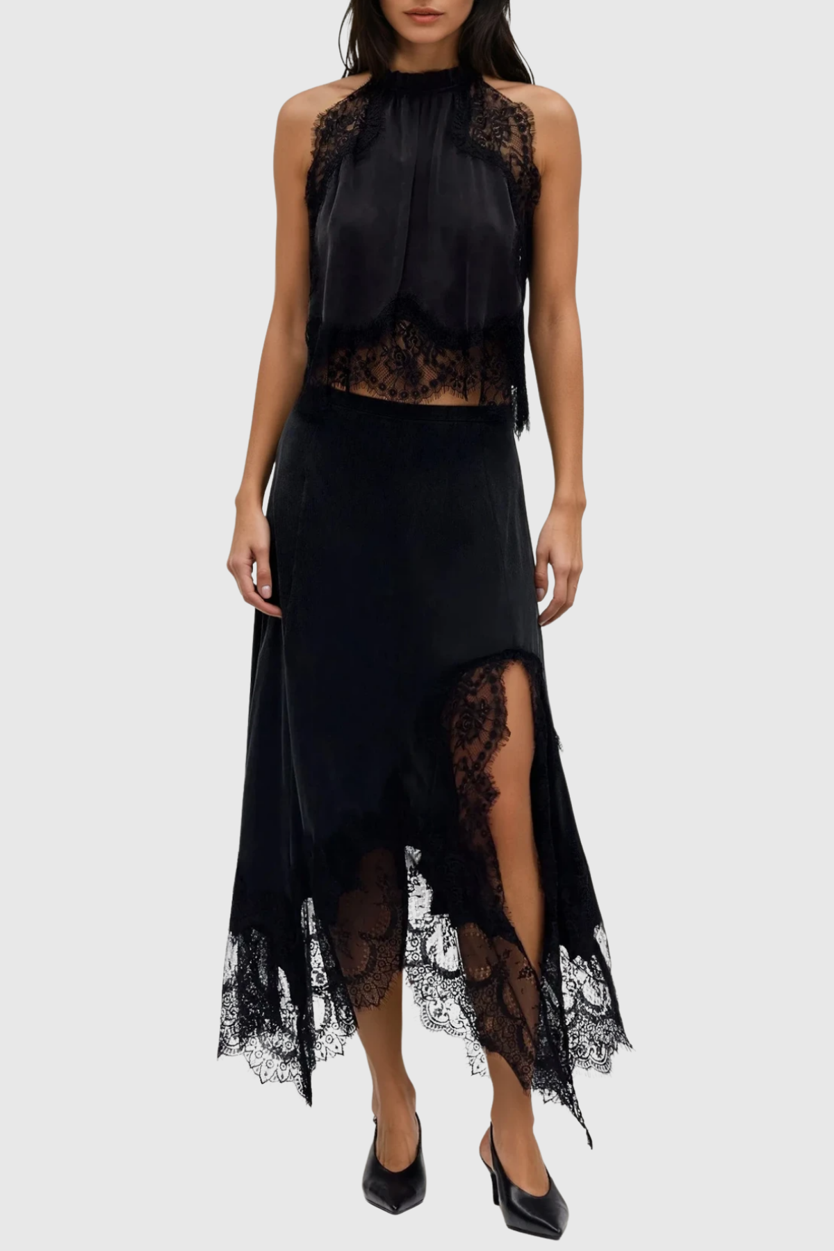 Gavia Sleeveless Lace Top & Midi Skirt Set - Black