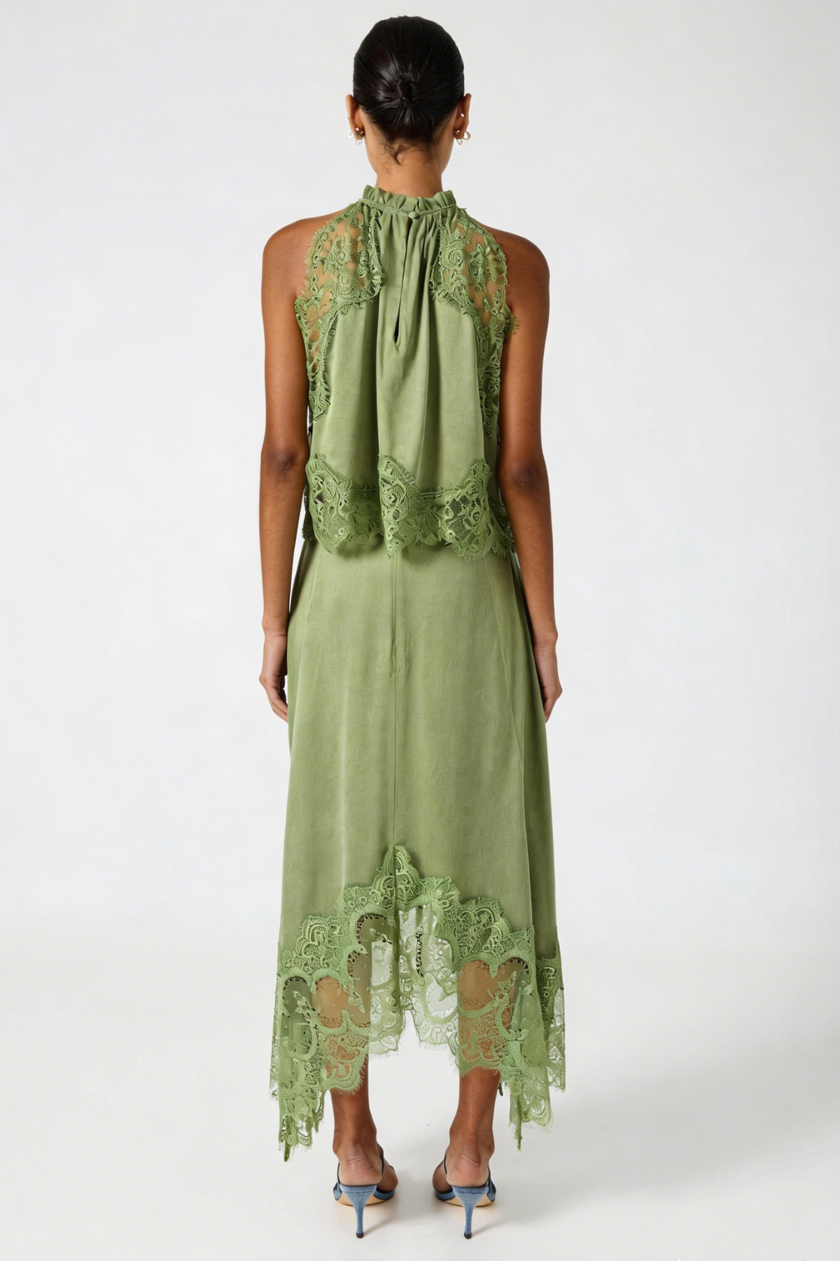 Gavia Sleeveless Lace Top & Midi Skirt Set - Green