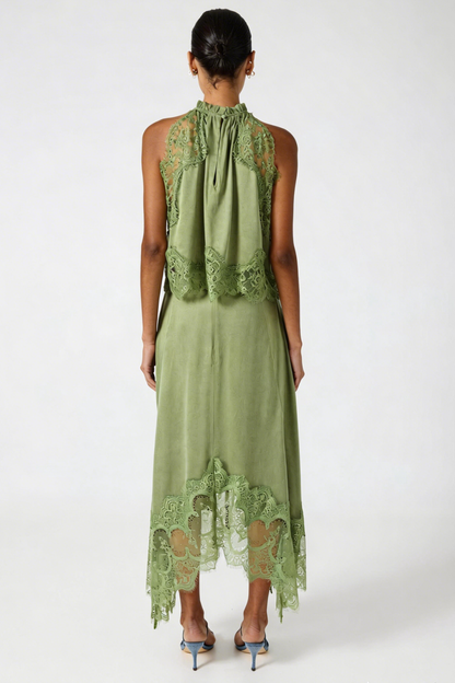 Gavia Sleeveless Lace Top & Midi Skirt Set - Green