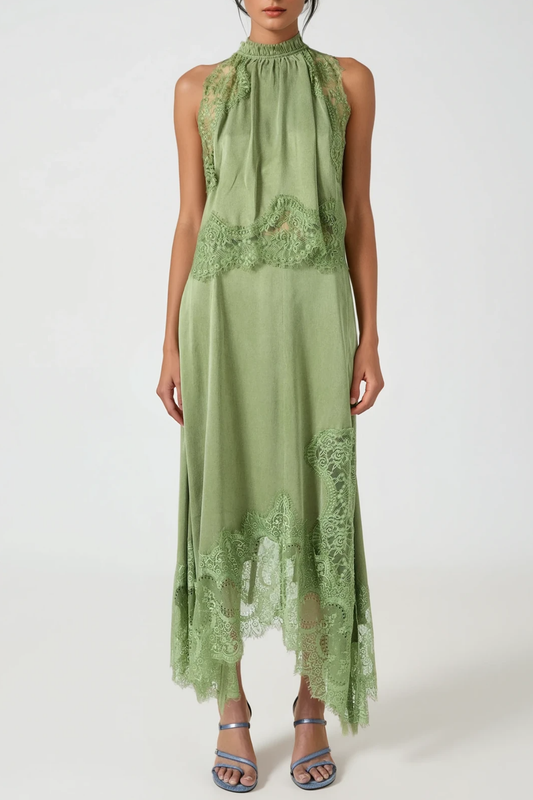 Gavia Sleeveless Lace Top & Midi Skirt Set - Green