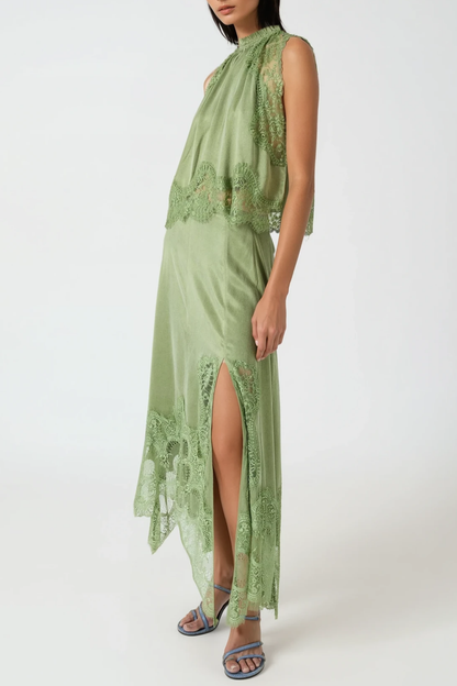 Gavia Sleeveless Lace Top & Midi Skirt Set - Green
