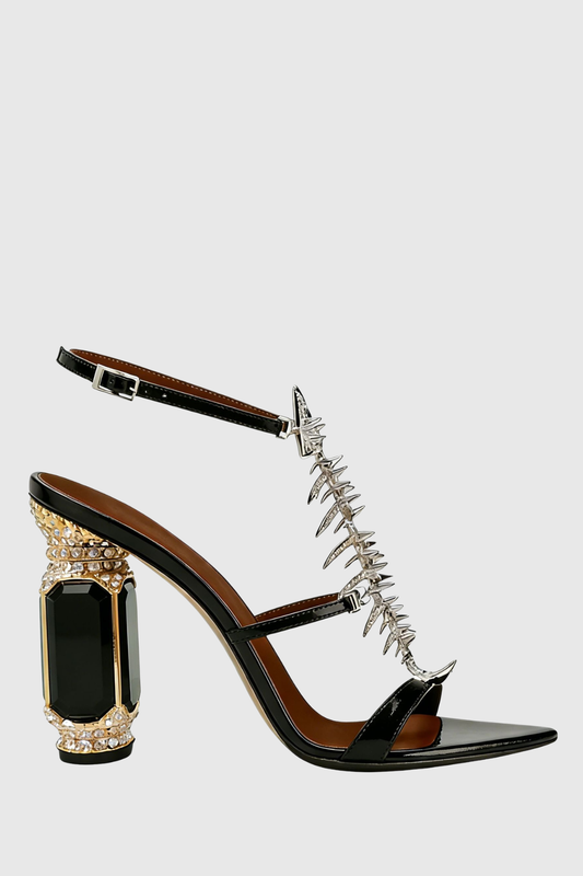 Gelia Fishbone Rhinestone Heel Sandals - Black