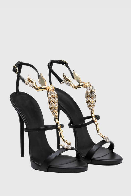 Gelia Rhinestone Scorpion Strap Sandals - Black