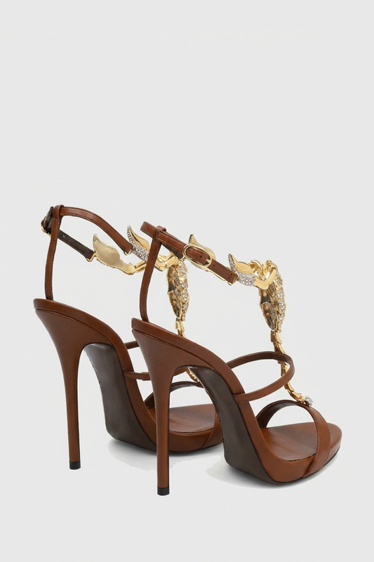 Gelia Rhinestone Scorpion Strap Sandals - Brown