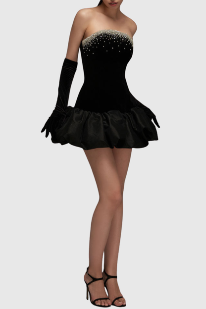 Gertra Strapless Crystal Embellished Velvet Puff Mini Dress