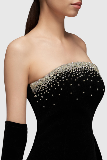 Gertra Strapless Crystal Embellished Velvet Puff Mini Dress