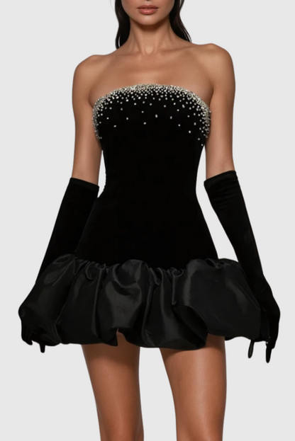 Gertra Strapless Crystal Embellished Velvet Puff Mini Dress
