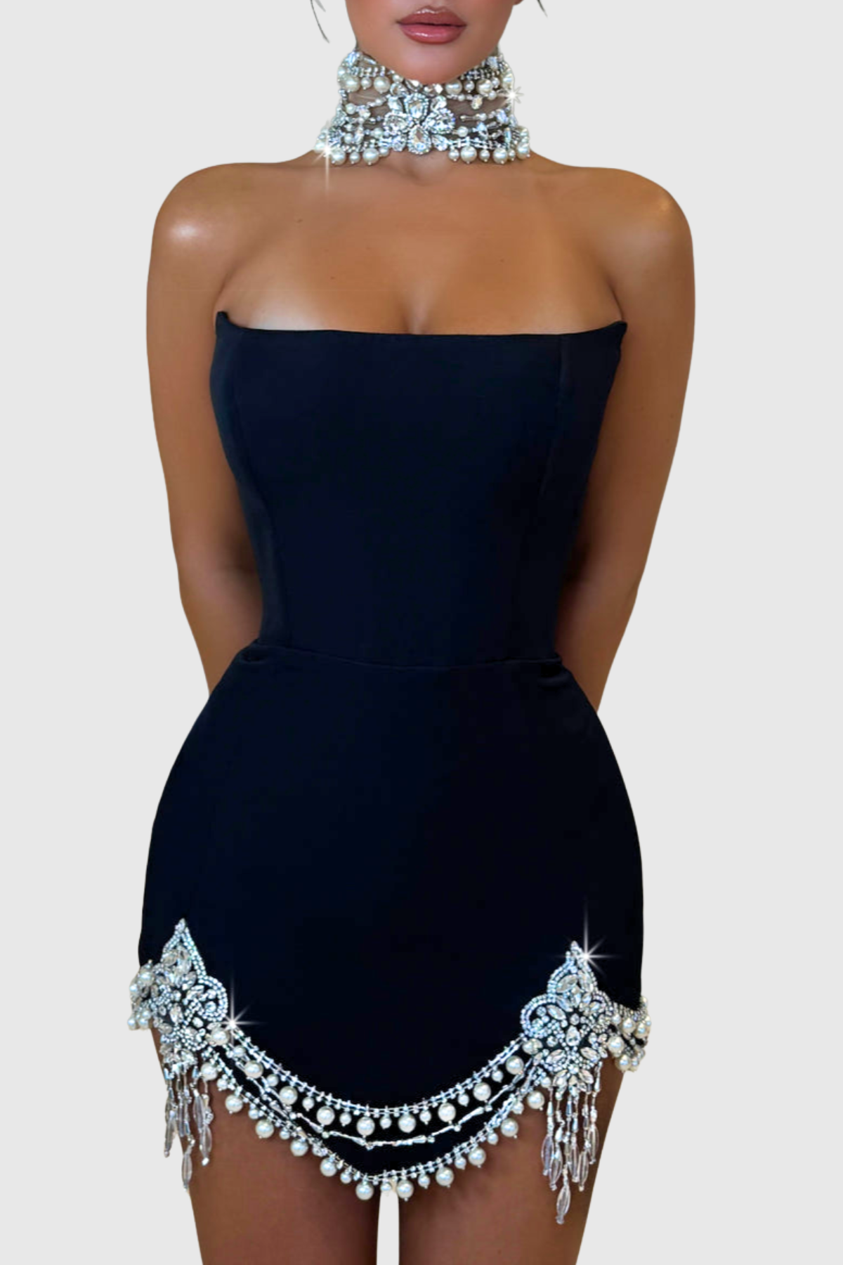 Ginaya Crystal Embellished Strapless Mini Bandage Dress