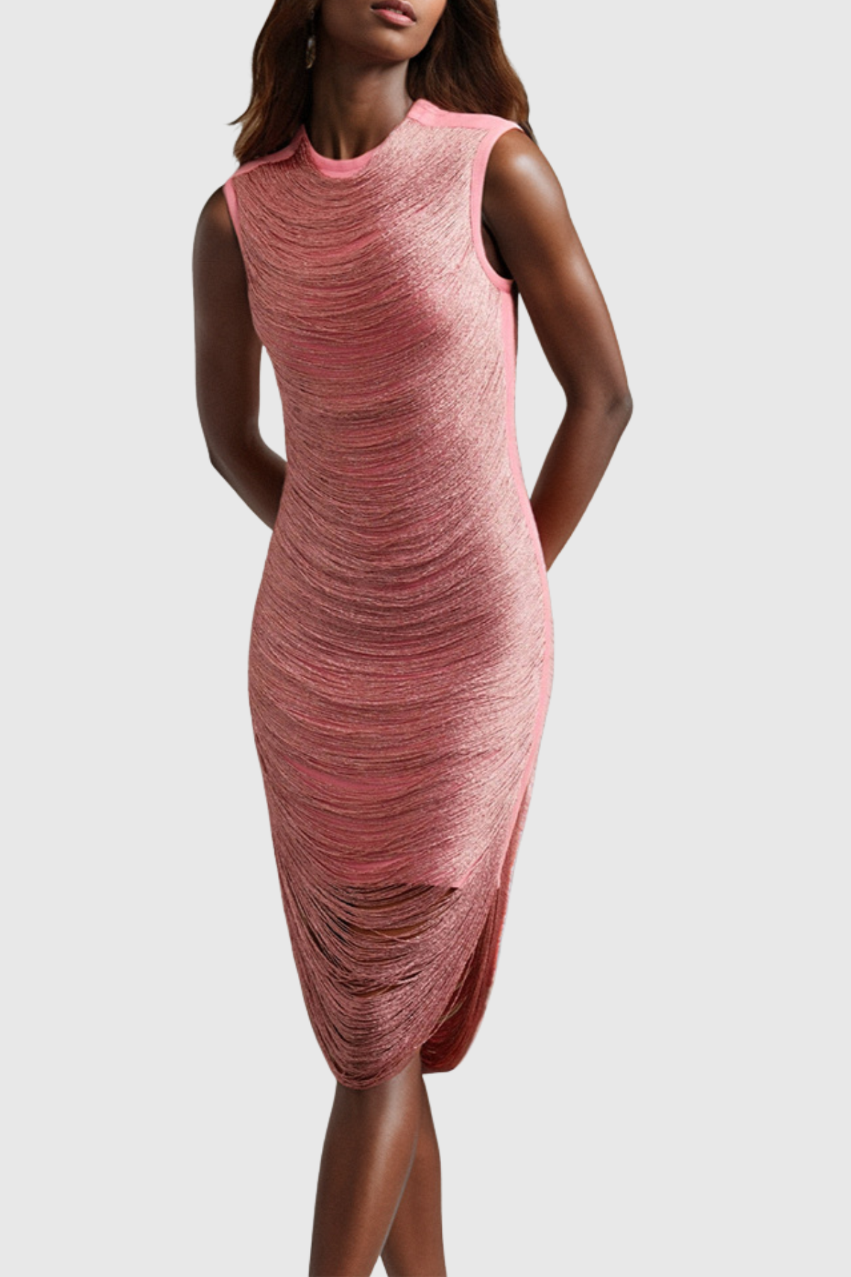 Gioia Sleeveless Fringe Midi Bandage Dress - Pink