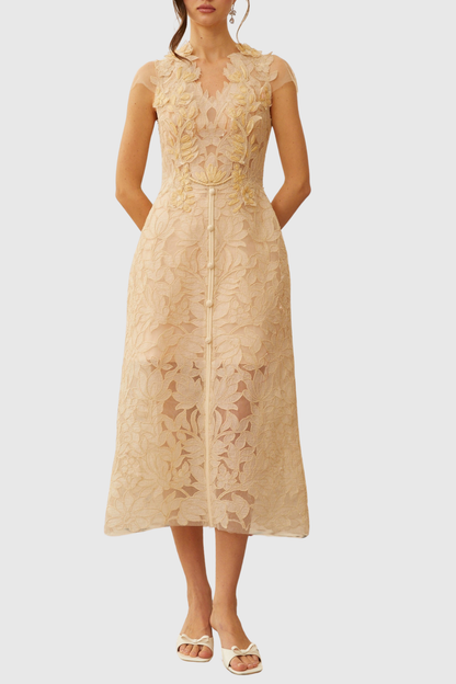 Glinda Floral Appliqué Midi Dress - Beige