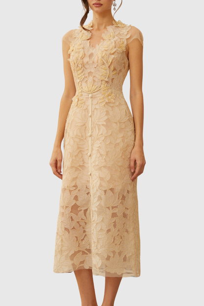 Glinda Floral Appliqué Midi Dress - Beige