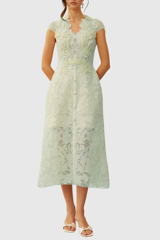 Glinda Floral Appliqué Midi Dress - Green