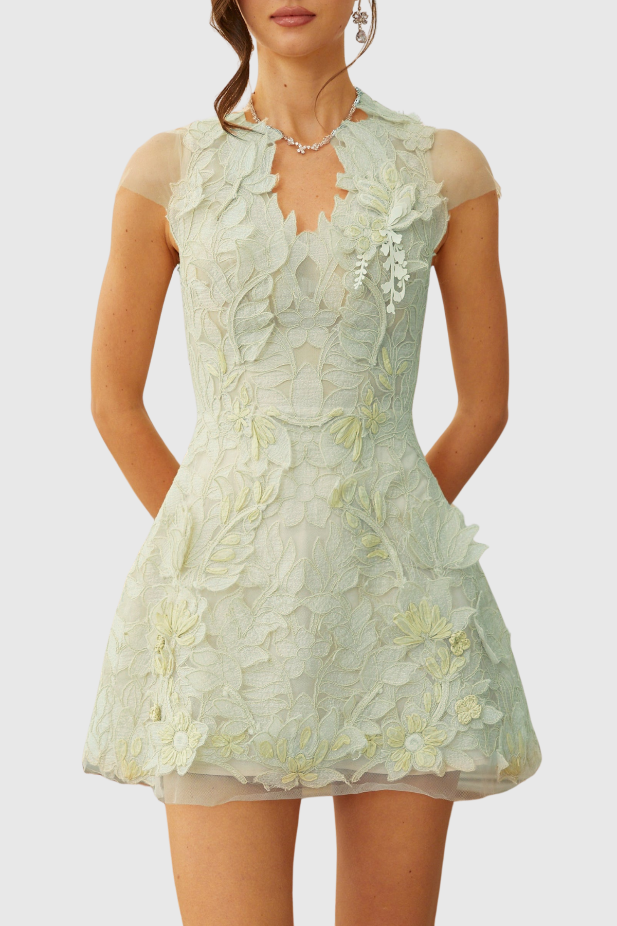 Glinda Floral Appliqué Mini Dress - Green