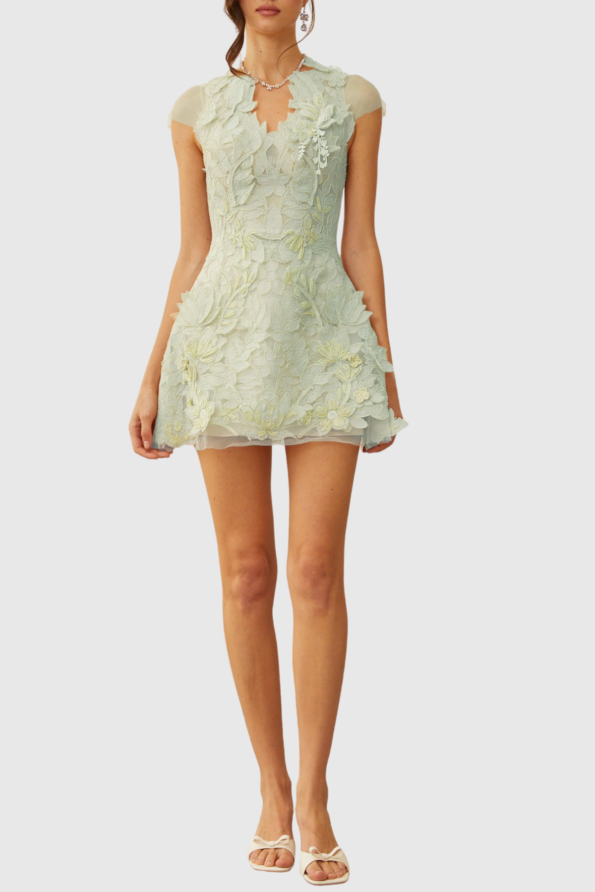 Glinda Floral Appliqué Mini Dress - Green