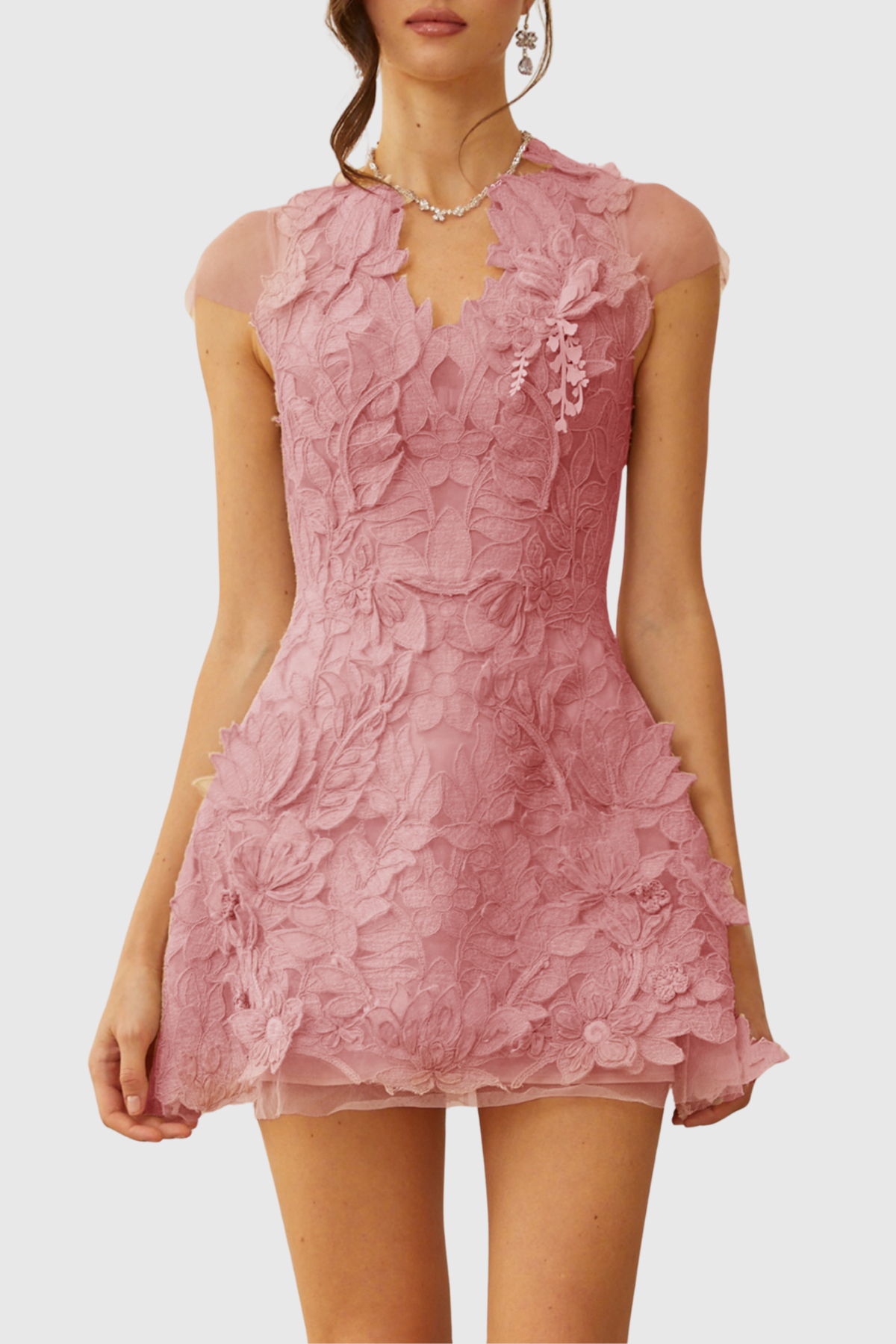 Glinda Floral Appliqué Mini Dress - Pink
