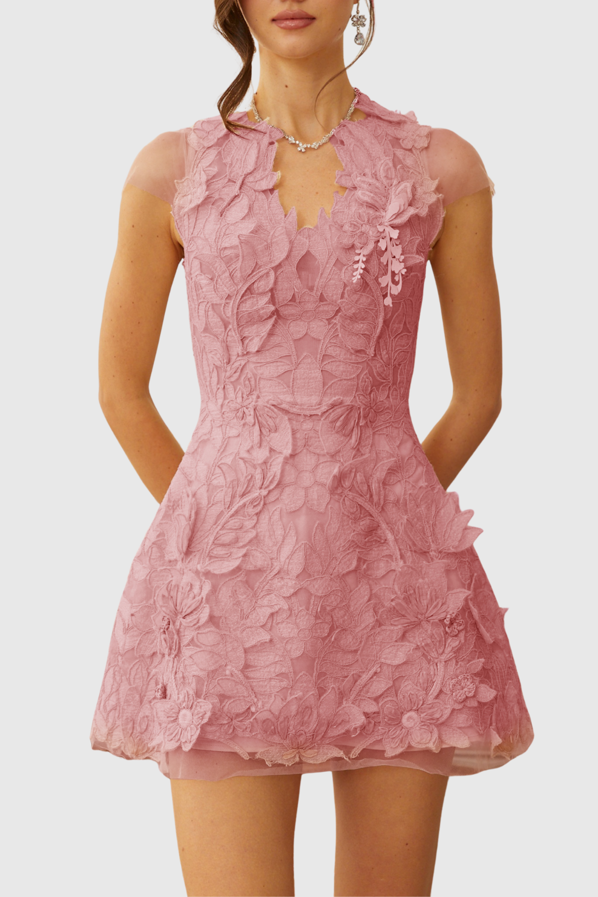 Glinda Floral Appliqué Mini Dress - Pink