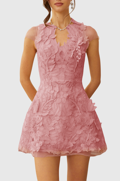 Glinda Floral Appliqué Mini Dress - Pink