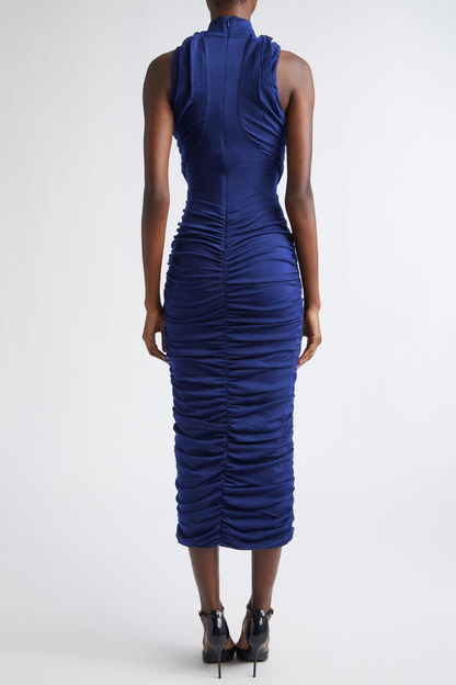 Gosame Sleeveless Ruched Midi Dress - Blue