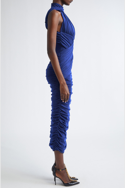 Gosame Sleeveless Ruched Midi Dress - Blue