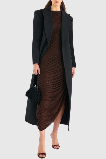 Gradda Asymmetric Crystal Embellished Ruched Midi Dress