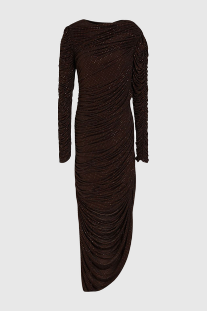Gradda Asymmetric Crystal Embellished Ruched Midi Dress