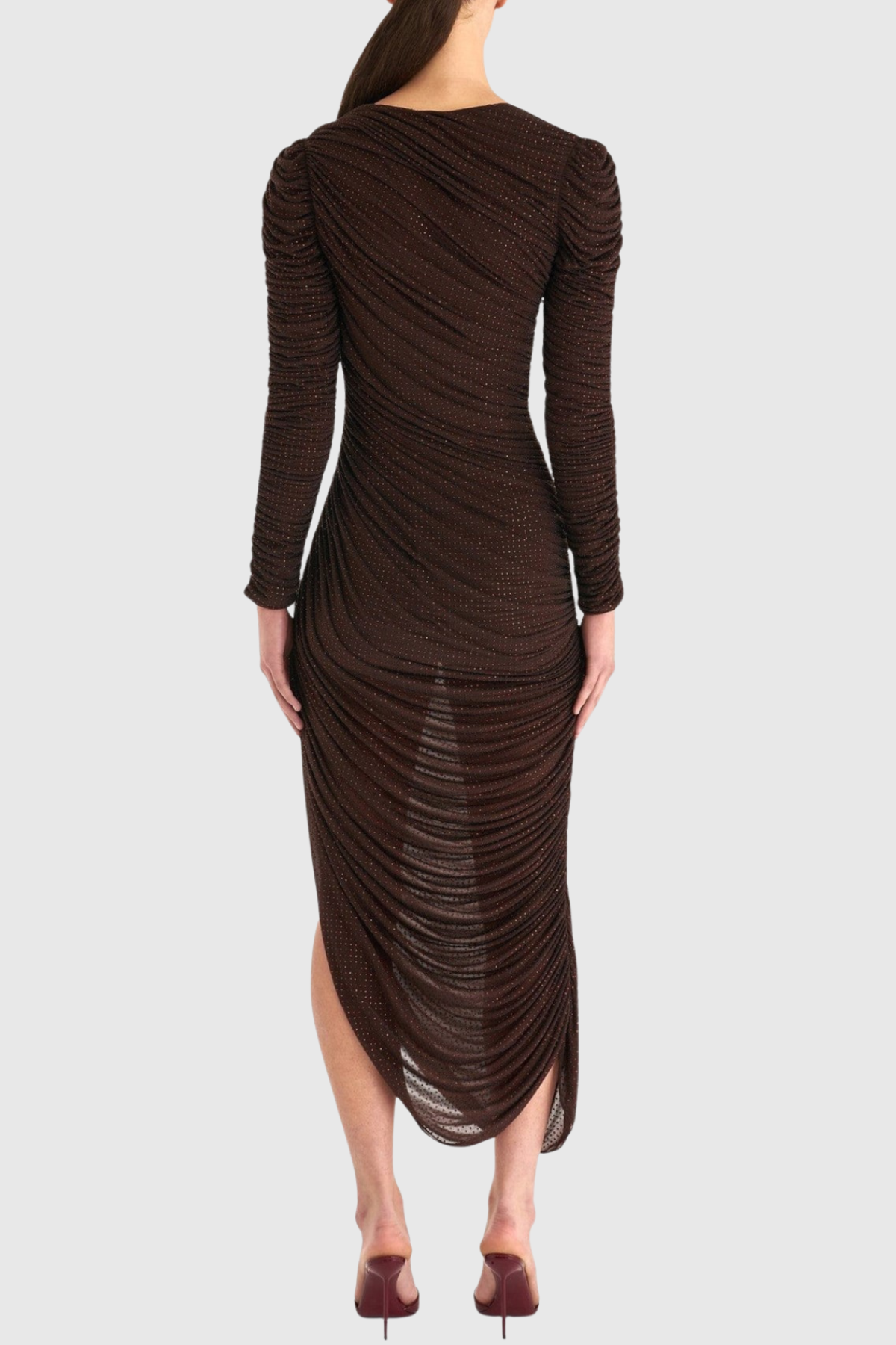 Gradda Asymmetric Crystal Embellished Ruched Midi Dress