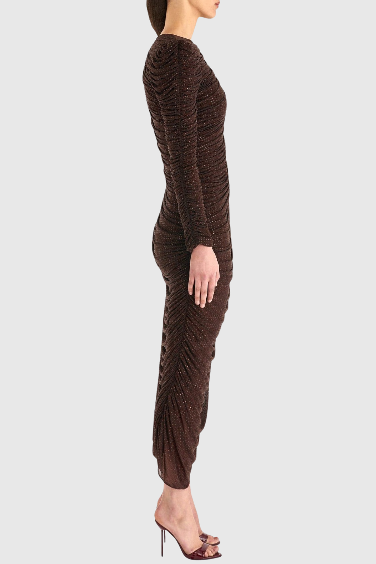 Gradda Asymmetric Crystal Embellished Ruched Midi Dress