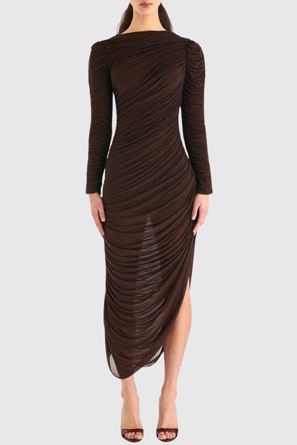 Gradda Asymmetric Crystal Embellished Ruched Midi Dress