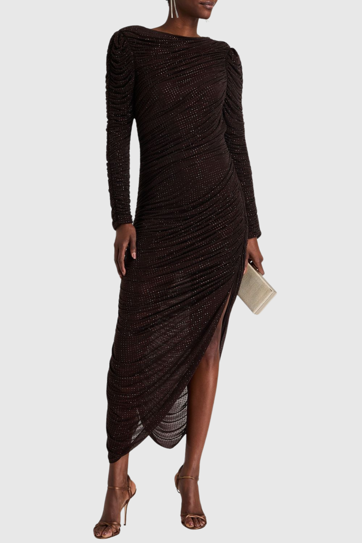 Gradda Asymmetric Crystal Embellished Ruched Midi Dress